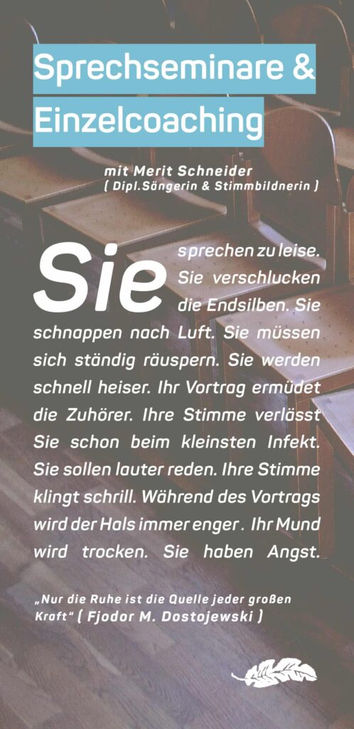 Ein deutsches Faltblatt mit dem Titel "Sprechseminare & Einzelcoaching" mit einem Stuhl im Hintergrund. Der Text, ideal für Fachleute wie einen Webdesigner aus Aachen, spricht häufige Probleme beim Sprechen an und betont die Bedeutung von Gelassenheit.