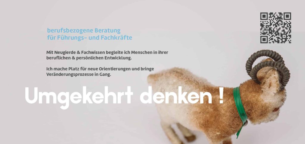 Eine Plüschziege steht auf einer hellen Fläche. Der deutsche Text auf der linken Seite wirbt für die Berufsberatung von Führungskräften und fordert dazu auf, "Umgekehrt denken!" (Umgekehrt denken!). In der rechten oberen Ecke erscheinen ein QR-Code und Webdesign Aachen.