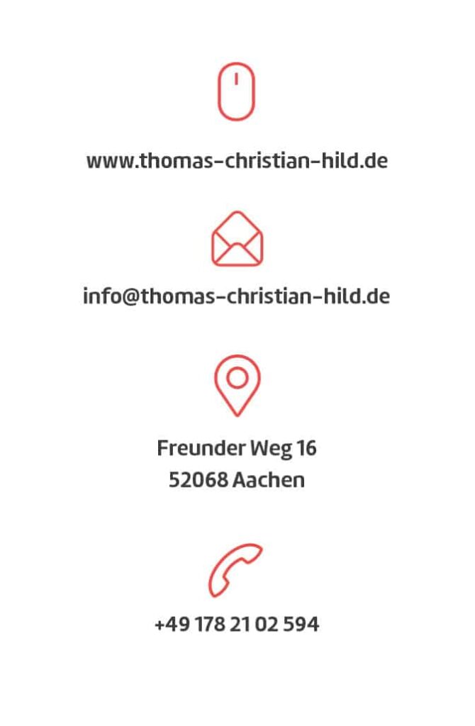 Kontaktinformationen mit roten Icons: Website (www.thomas-christian-hild.de), E-Mail, Adresse in Aachen und Telefon. Ihr zuverlässiger Webdesigner Aachen für professionelles Webdesign und Wordpress-Lösungen.