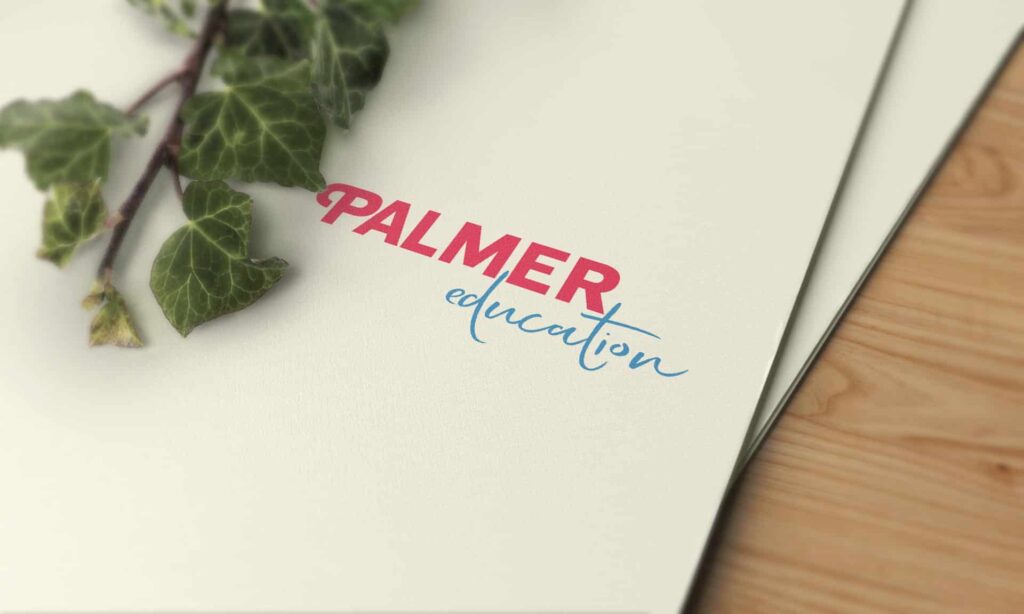 Ein Stapel cremefarbener Papiere mit dem Schriftzug "PALMER" in kräftigem Rosa und "education" in blauer Schrift, teilweise verdeckt von einer grünen Efeuranke, ruht auf einer Holzfläche - die perfekte Inspiration für jedes Webdesign Aachen-Projekt.