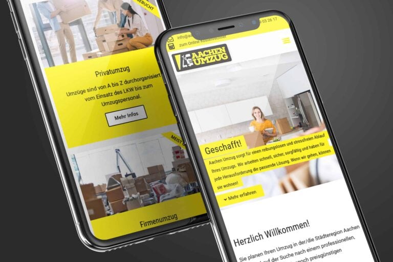 Mobile Darstellung eines Umzugsunternehmens in Aachen mit Verpackungsmaterialien und Umzugskartons.