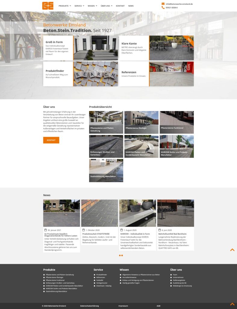 Screenshot einer von einem Aachener Webdesigner erstellten Website eines Bauunternehmens mit Bereichen für Produkte, Dienstleistungen, Nachrichten und Kontakt. Bilder von Betonprodukten werden in einem Farbschema aus Orange, Weiß und Grau dargestellt.