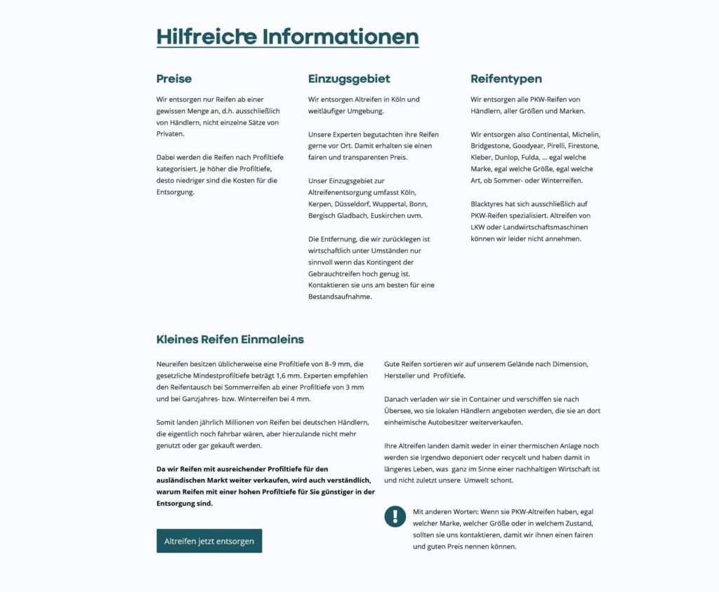 Ein deutschsprachiges Informationsplakat über Reifenentsorgung und Reifentypen, gestaltet von einem Aachener Webdesigner. Es umfasst Preise, Sammelgebiete, Reifentypen und die Abgabe von Kleinreifen - mit einem grünen Button "Altreifen jetzt entsorgen" am unteren Rand.
