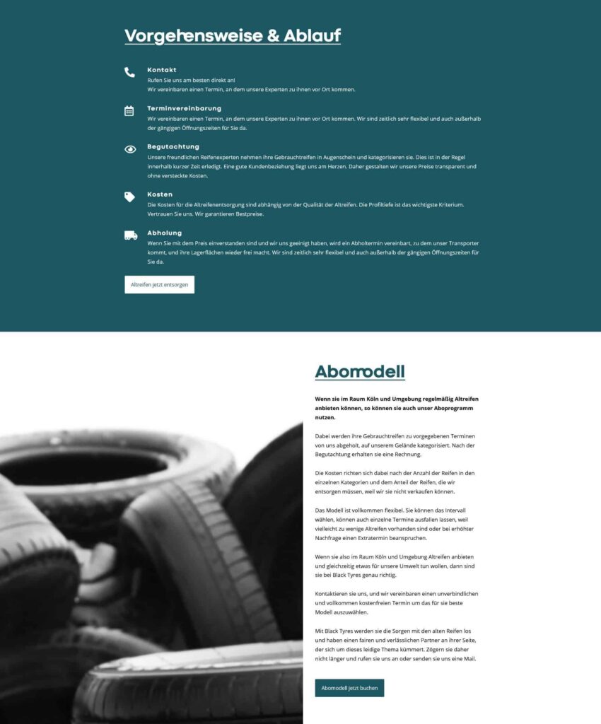 Screenshot einer von einem Aachener Webdesigner gestalteten Webseite, die die Prozessschritte für Service-Kontakt, Terminvereinbarung, Inspektion, Kosten und Demontage mit Icons und Text darstellt. Enthält einen Abschnitt "Abomodell" über ein Abo-Modell für die Reifenentsorgung.