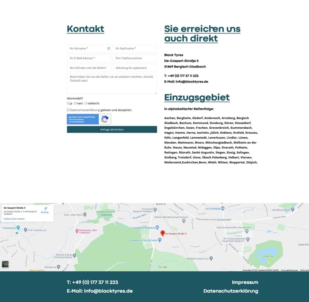 Screenshot einer Kontaktseite für Black Tyres, erstellt mit Webdesign Aachen, mit einem Kontaktformular, Firmendaten, einer Liste der Servicegebiete und einer Karte von Bad Griesbach, Deutschland, sowie Telefonnummer, E-Mail und Navigationslinks am unteren Rand.