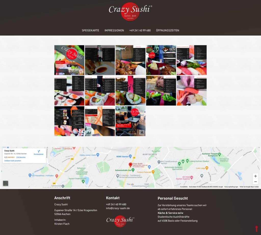 Screenshot der von einem führenden Webdesigner in Aachen gestalteten Crazy Sushi-Website mit einer Collage von Sushi-Fotos, Kontaktdaten, Lageplan, Adresse, Telefonnummer und Informationen über offene Stellen am unteren Rand.