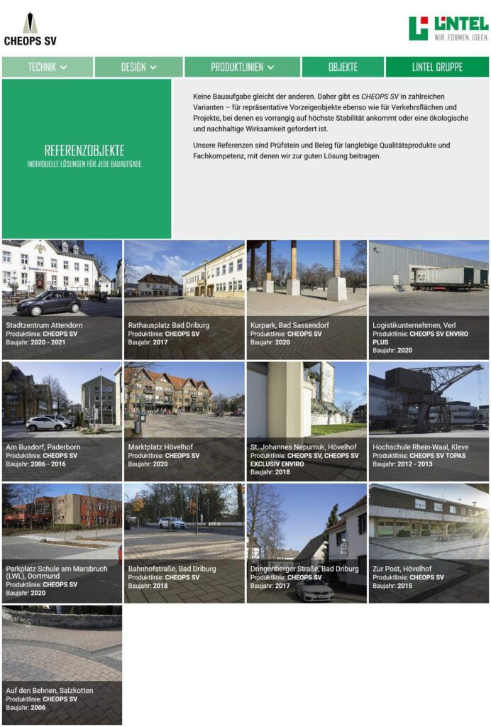 Eine von einem Aachener Webdesigner erstellte Referenzprojektseite für CHEOPS SV zeigt unter einer grünen Kopfzeile und einer Seitenleiste, die beispielhafte Lösungen für die Bauindustrie auflistet, Fotos von fertiggestellten Gebäuden und Bauwerken mit Beschreibungen und Daten.