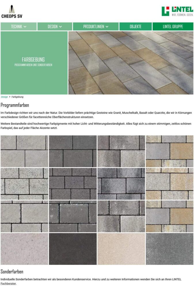 Ein Display mit verschiedenen rechteckigen Farbmustern in Grau-, Braun- und Beigetönen, die in Reihen angeordnet sind und verschiedene Texturen und Oberflächen für Architektur- oder Webdesign-Projekte in Aachen zeigen.