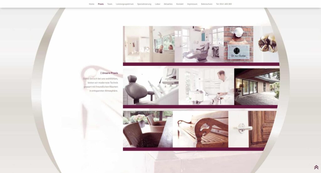 Die Webseite einer Zahnklinik, die von einem Aachener Webdesign-Experten erstellt wurde, zeigt moderne Zahnarztstühle, Geräte, das Namensschild des Zahnarztes, den Wartebereich und das Äußere der Klinik in einem klaren Rasterlayout mit einem hellen, einladenden Design.