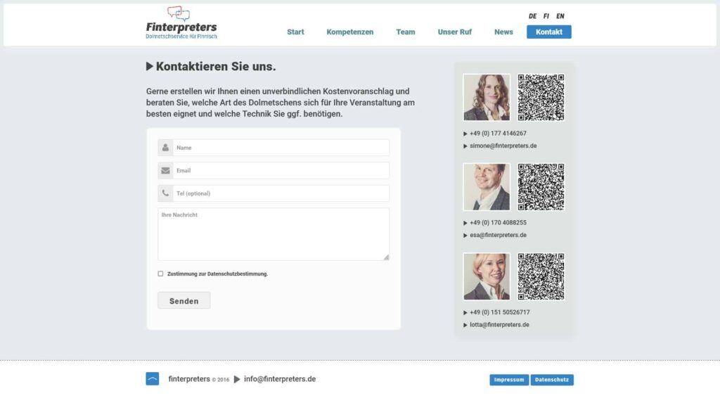 Ein Kontaktformular auf der Website von Finterpreters, gestaltet von einem führenden Webdesigner in Aachen, enthält Felder für Name, E-Mail, Telefon und Nachricht. Drei Mitarbeiterprofile mit Fotos und QR-Codes werden angezeigt. Das Interface ist in deutscher Sprache.