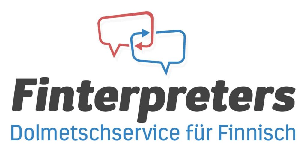 Logo mit zwei Sprechblasen, eine rote und eine blaue, mit Pfeilen dazwischen, über dem Text "Finterpreters" in Fettschrift und "Dolmetschservice für Finnisch" in blauer Kursivschrift. Ideal für Webdesign Aachen oder Wordpress Aachen Service Werbung.