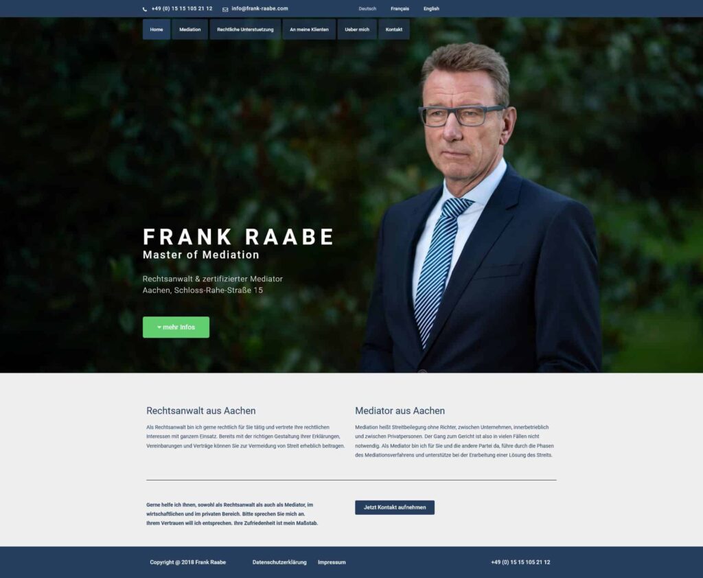Screenshot einer professionellen Website für Frank Raabe, Mediator und Rechtsanwalt aus Aachen, erstellt von einem Aachener Webdesigner, mit seinem Porträt im Anzug, Navigationsmenü, Kontaktdaten, Leistungsbeschreibung und Büroadresse.