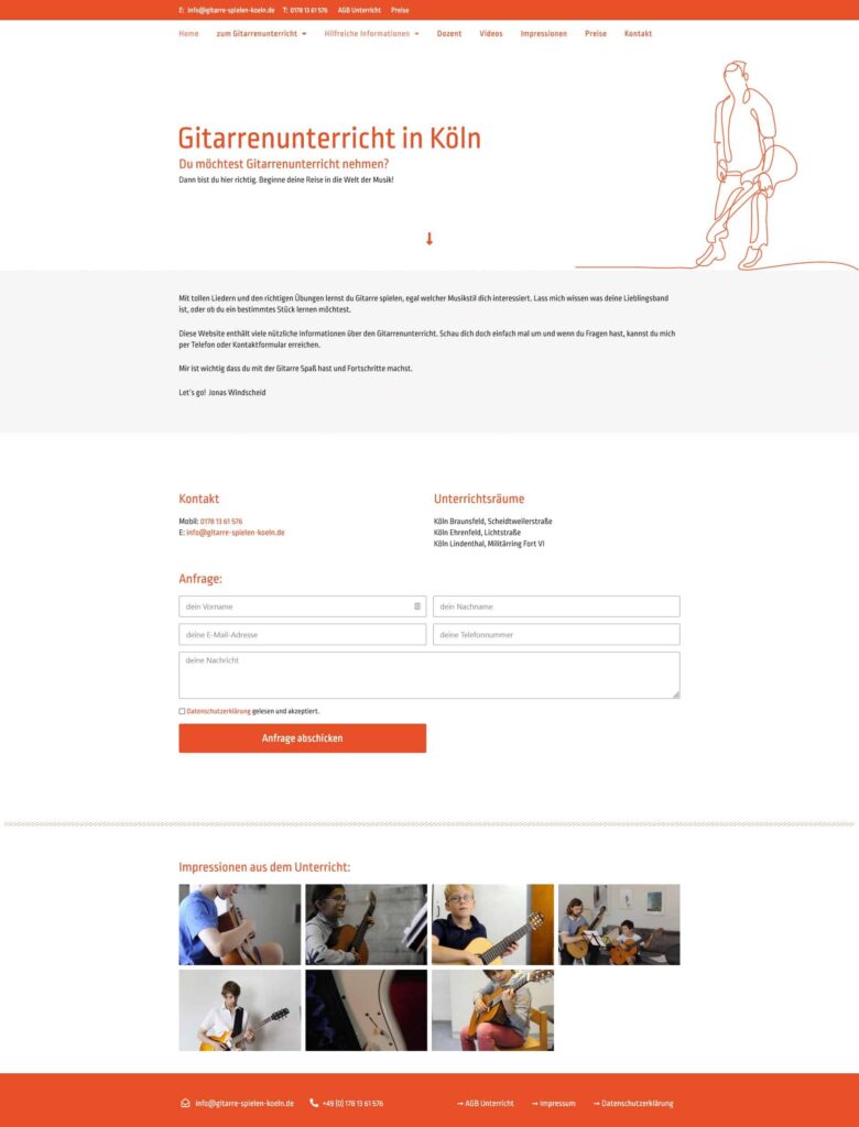 Screenshot einer Website, die Gitarrenunterricht in Köln anbietet, erstellt von einem erfahrenen Webdesigner aus Aachen. Die Seite verfügt über eine orangefarbene Kopfzeile, ein Kontaktformular, Details zum Unterricht, eine Übersicht über den Gitarristen auf der rechten Seite und Bilder von Menschen, die Gitarre spielen, am unteren Rand.