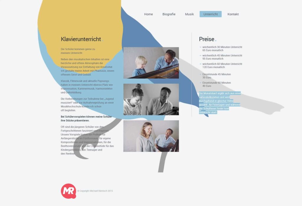 Eine von einem Aachener Webdesigner gestaltete Website für Klavierunterricht in deutscher Sprache zeigt Informationen zum Unterricht, vier Fotos eines Lehrers mit Schülern am Klavier, eine Preisliste auf der rechten Seite und eine stilisierte Vogelgrafik im Hintergrund.