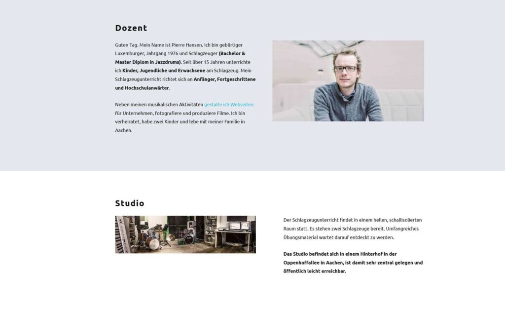 Eine professionelle Webseite eines führenden Webdesigners aus Aachen stellt einen Schlagzeuglehrer vor, mit seinem Porträt, einer Biographie seiner Erfahrung und Details über sein Schlagzeugstudio mit einem Foto des Schlagzeugs in einem gut beleuchteten Übungsraum.