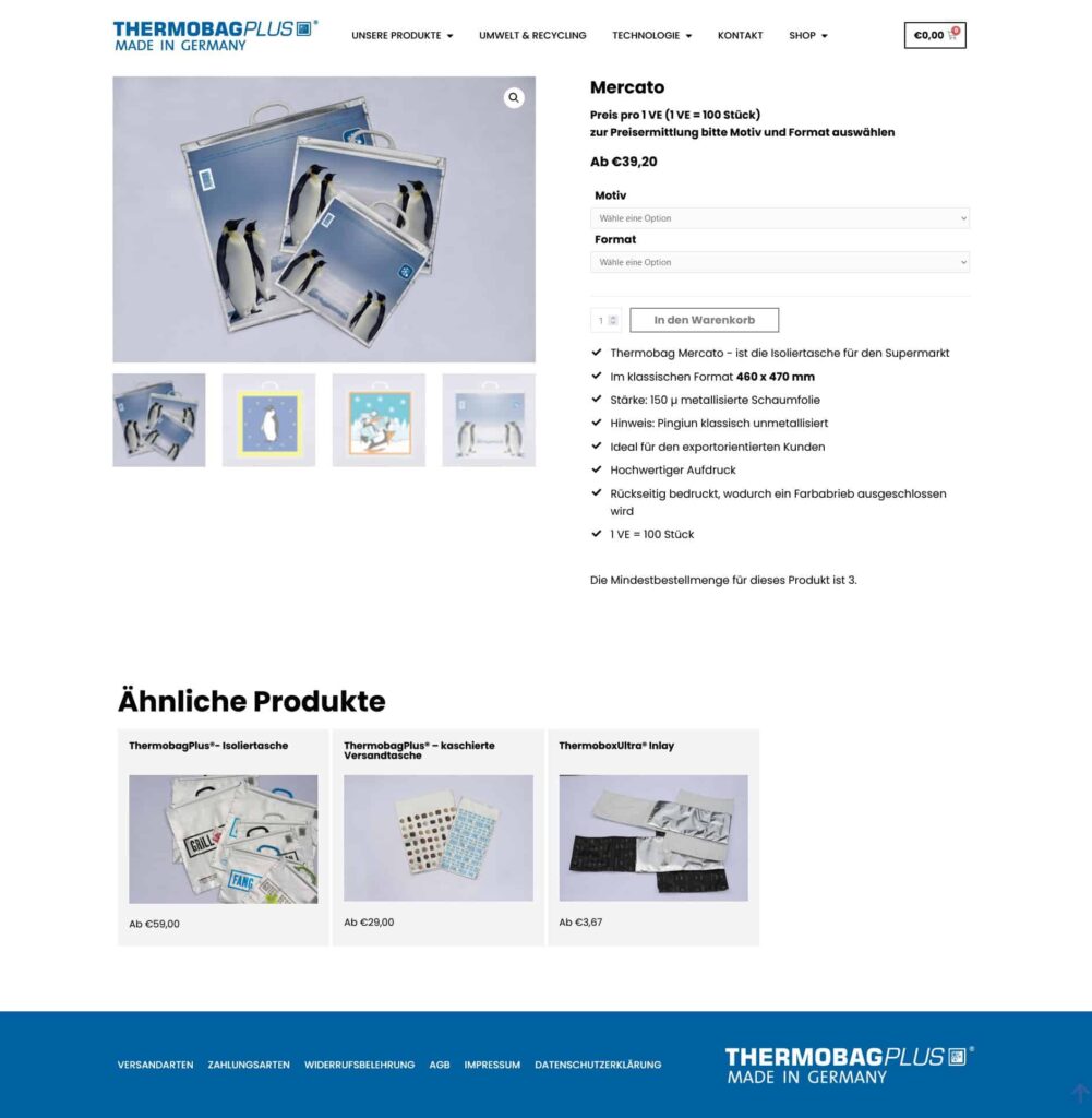 Screenshot einer Online-Shop-Seite für "Mercato"-Isoliertaschen, erstellt mit Wordpress Aachen, mit Produktbildern, Preis, Größenoptionen, Beschreibung und ähnlichen Vorschlägen. Das Webdesign zeichnet sich durch ein klares blaues und weißes Layout aus.