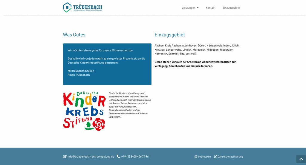 Ein Website-Bereich von einem Webdesigner aus Aachen, der Details über den gemeinnützigen Dienst, die betreuten Gebiete und die Werte enthält. Die linke Seite zeigt Text und ein farbenfrohes "Kinder Krebs Stiftung"-Logo mit verspieltem Schriftzug und kindlichen Zeichnungen.