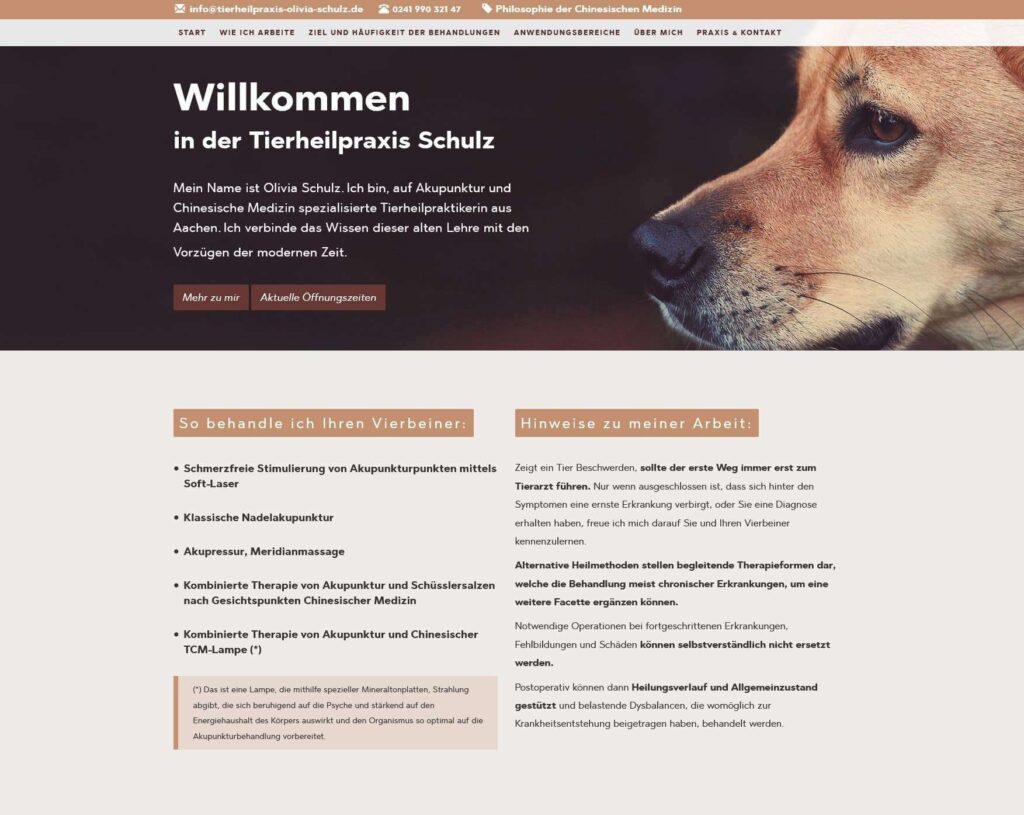 Screenshot der Website einer Tierarztpraxis für Akupunktur, gestaltet von einem Webdesigner aus Aachen. Die Seite zeigt auf der rechten Seite das Gesicht eines Hundes und auf der linken Seite einen deutschen Text, der die Behandlungsmethoden und wichtige Hinweise für Tierhalter beschreibt.