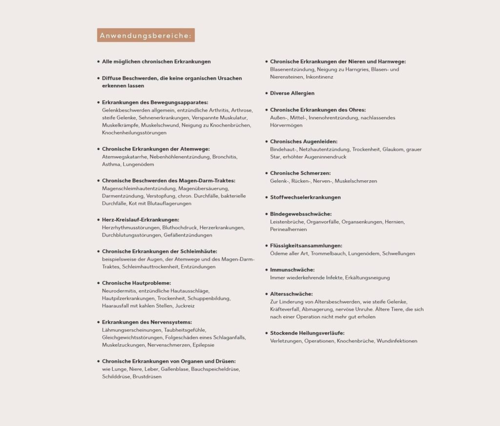 Ein deutschsprachiges medizinisches Informationsblatt, das sich perfekt für Wordpress-Projekte in Aachen eignet, listet Anwendungsbereiche für Behandlungen auf, darunter chronische Krankheiten, Verdauungsprobleme, Allergien, Stoffwechselstörungen und mehr.