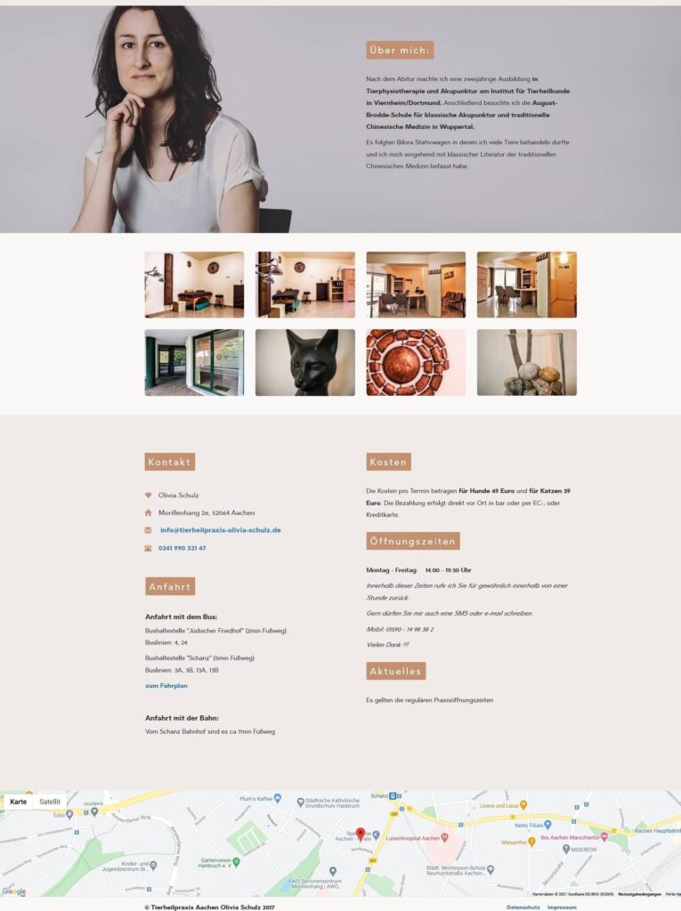 Eine Webseite von einem Top-Webdesigner aus Aachen mit einem Frauenportrait, einer Kurzbiografie, sechs Innenaufnahmen, Kontaktdaten, Kosten, Öffnungszeiten, Neuigkeiten und einer Karte mit dem Standort am Ende. Ideal für Wordpress Aachen Projekte.