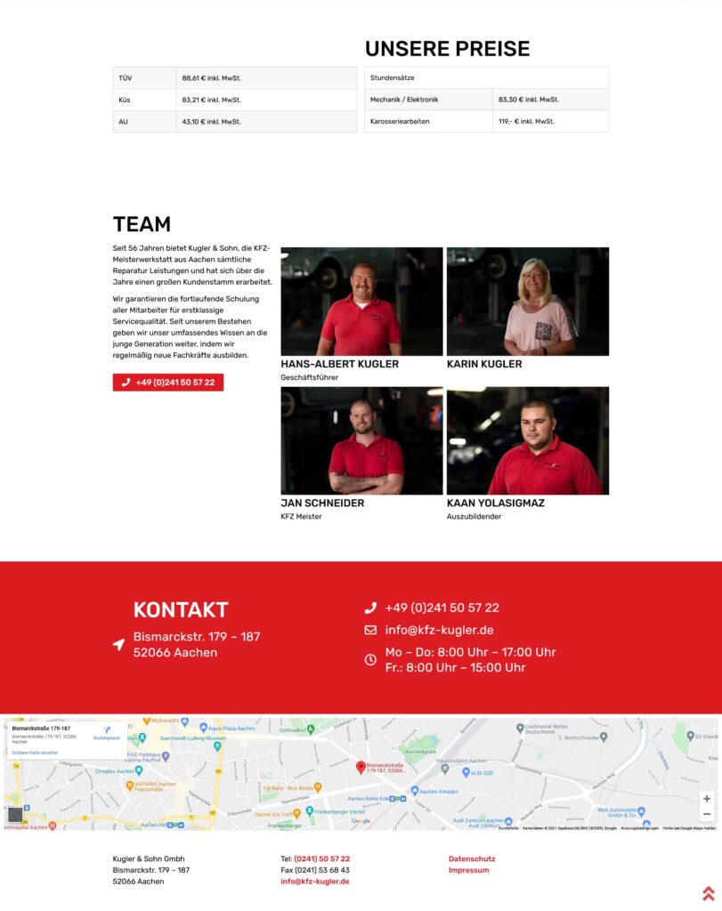 Screenshot einer von einem Aachener Webdesigner gestalteten Autoservice-Website, die Preise, Kontaktinformationen, Teamfotos mit Namen und Titeln anzeigt. Eine Karte, Adresse, Telefonnummern und Geschäftszeiten erscheinen am unteren Rand der Seite.