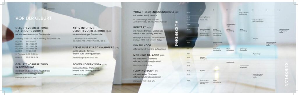 Hallowebsite: Kursplan für Geburtsvorbereitung, Yoga und Beckenbodenschule in Deutschland.