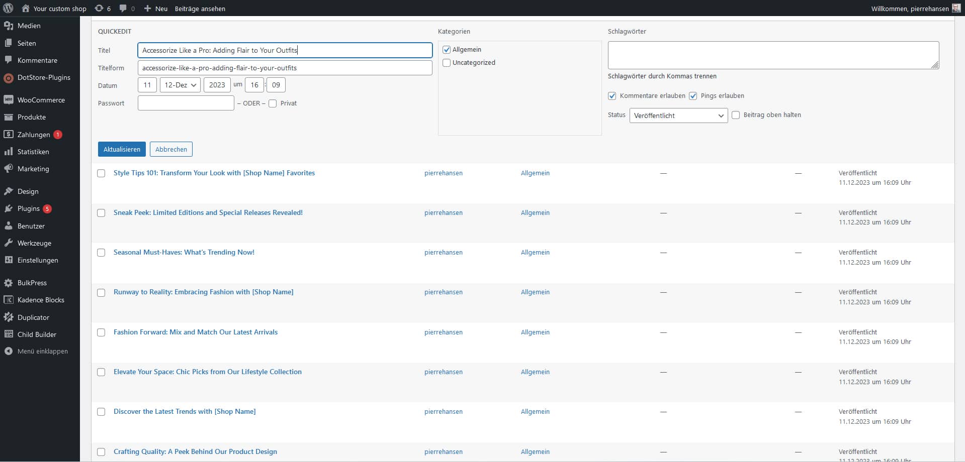 Screenshot eines WordPress-Admin-Dashboards mit der Seite „Neuen Beitrag hinzufügen“. Der Beitragstitel lautet „Astronauts Live: Ein neuer Stern für Ihre Charts“. Kategorien und Tags sind festgelegt. Unten sind mehrere veröffentlichte Beiträge mit Titeln und Kategorien aufgeführt. Die Site-Sprache ist auf Deutsch eingestellt und wurde von einem Webdesign-Experten aus Aachen erstellt.