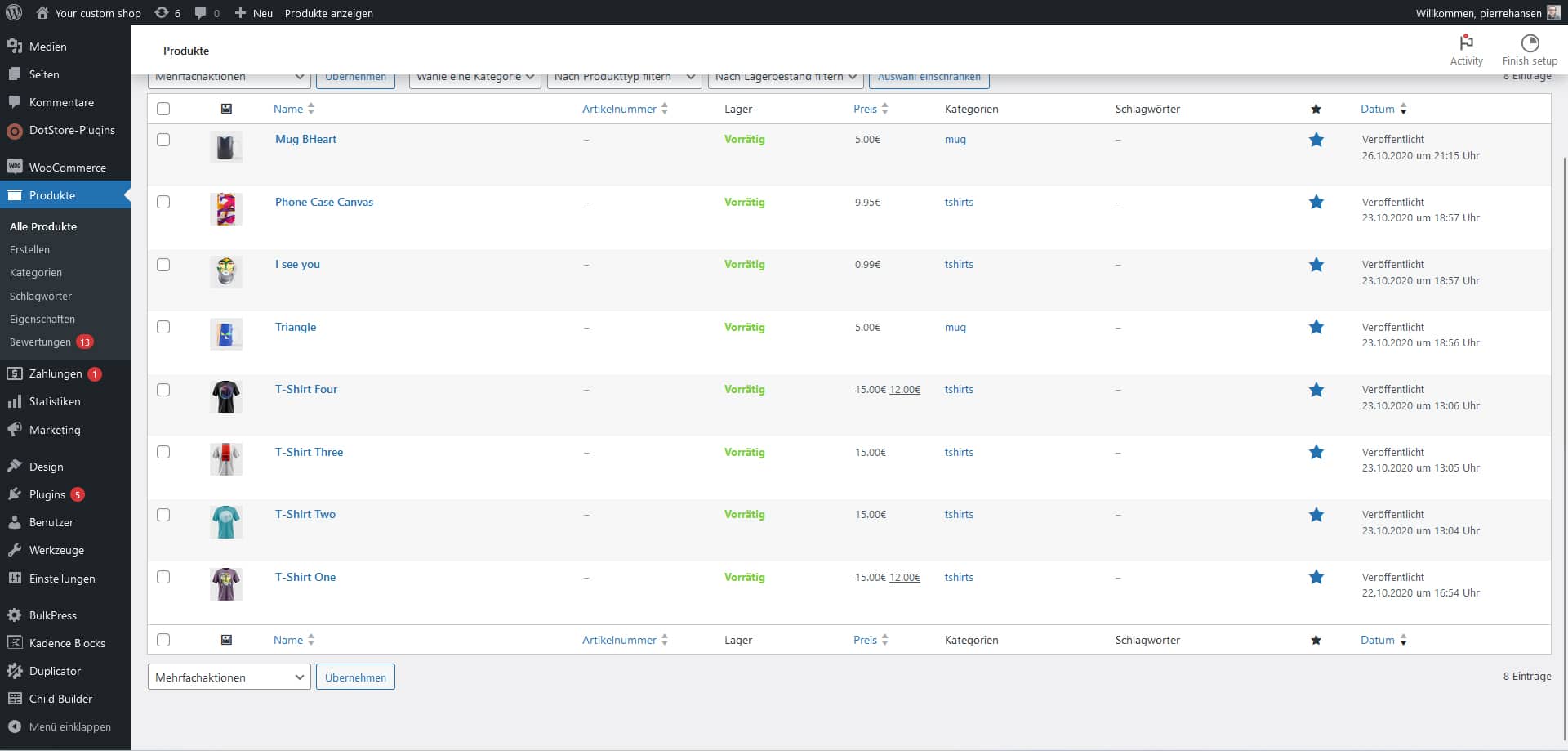 Ein Screenshot eines Produktmanagement-Dashboards in einem Content-Management-System. Das von Webdesigner Aachen optimierte Dashboard zeigt verschiedene Produkte wie „Zauberstab“ und „Handyhülle Grün“ mit Details wie Verfügbarkeit, Lagerbestand, Preis, Kategorie und Status an.
