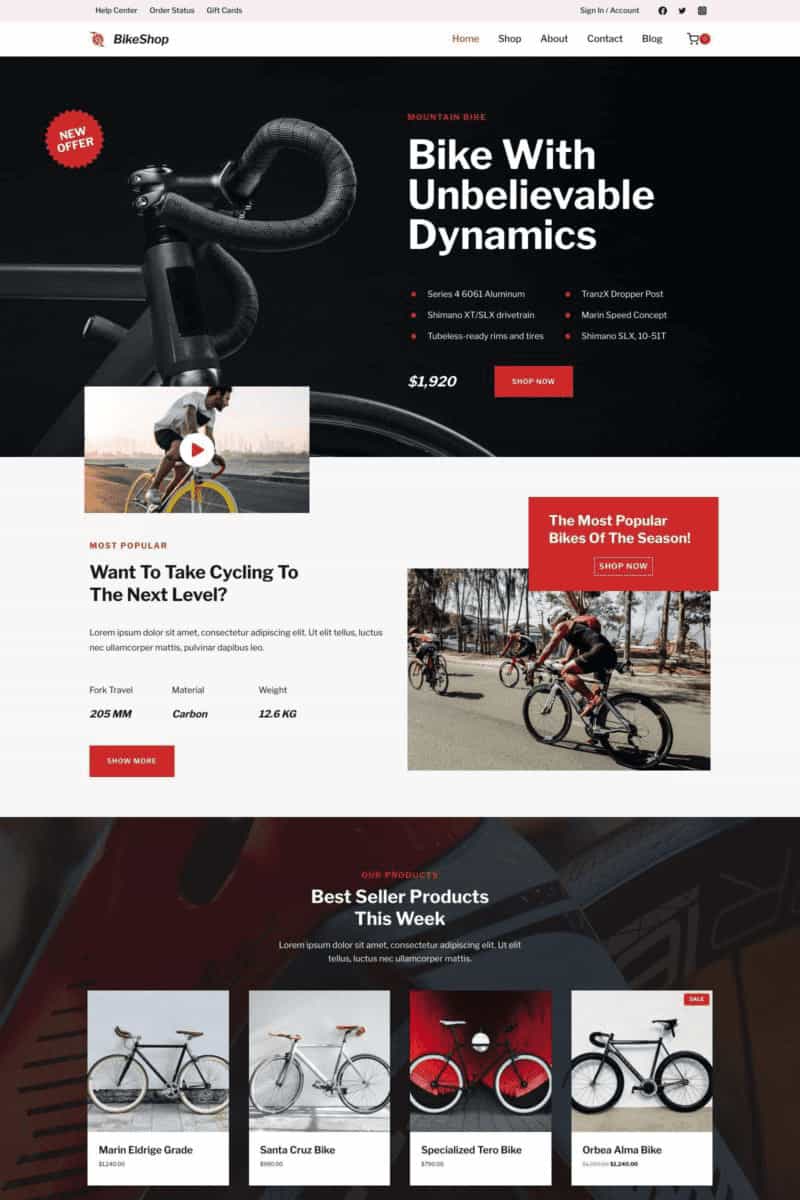 Screenshot einer E-Commerce-Website für Fahrräder, fachmännisch gestaltet vom Webdesigner Aachen. Enthält ein oberes Banner, das für ein bestimmtes Mountainbike wirbt, drei Spalten mit Artikeln zu Radfahrtipps und beliebten Fahrrädern sowie einen Abschnitt mit den Bestseller-Produkten der Woche, jeweils mit einem Fahrradbild und Preis.