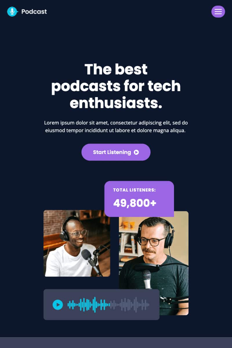Ein Podcast-Werbebild mit dem Titel „Die besten Podcasts für Technikbegeisterte“. Unter dem Titel sind zwei Podcaster von Webdesign Aachen zu sehen, die Kopfhörer tragen und in Mikrofone sprechen. Es gibt eine Schaltfläche „Hören beginnen“ und ein Statistikfeld mit der Anzeige „Gesamtzahl der Hörer: 49.800+“.