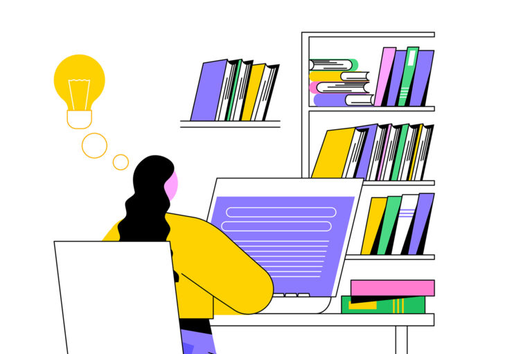 Illustration einer Person mit langen Haaren, die an einem Schreibtisch sitzt und an einem Laptop arbeitet. Im Hintergrund sind Bücherregale voller bunter Bücher zu sehen. Eine schwebende Glühbirne und eine Gedankenblase symbolisieren eine Idee oder Inspiration und fangen die Essenz des Arbeitsplatzes eines Aachener Webdesigners ein. Die Szene ist minimalistisch und lebendig.