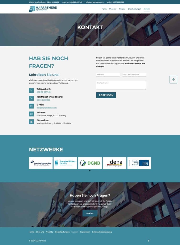 Alt-Text: Kontaktseite eines Bauunternehmens mit Firmendetails und Kontaktformular.