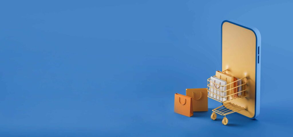 Alt-Text: Digitale Einkaufstüte und Einkaufswagen im Smartphone-Design.