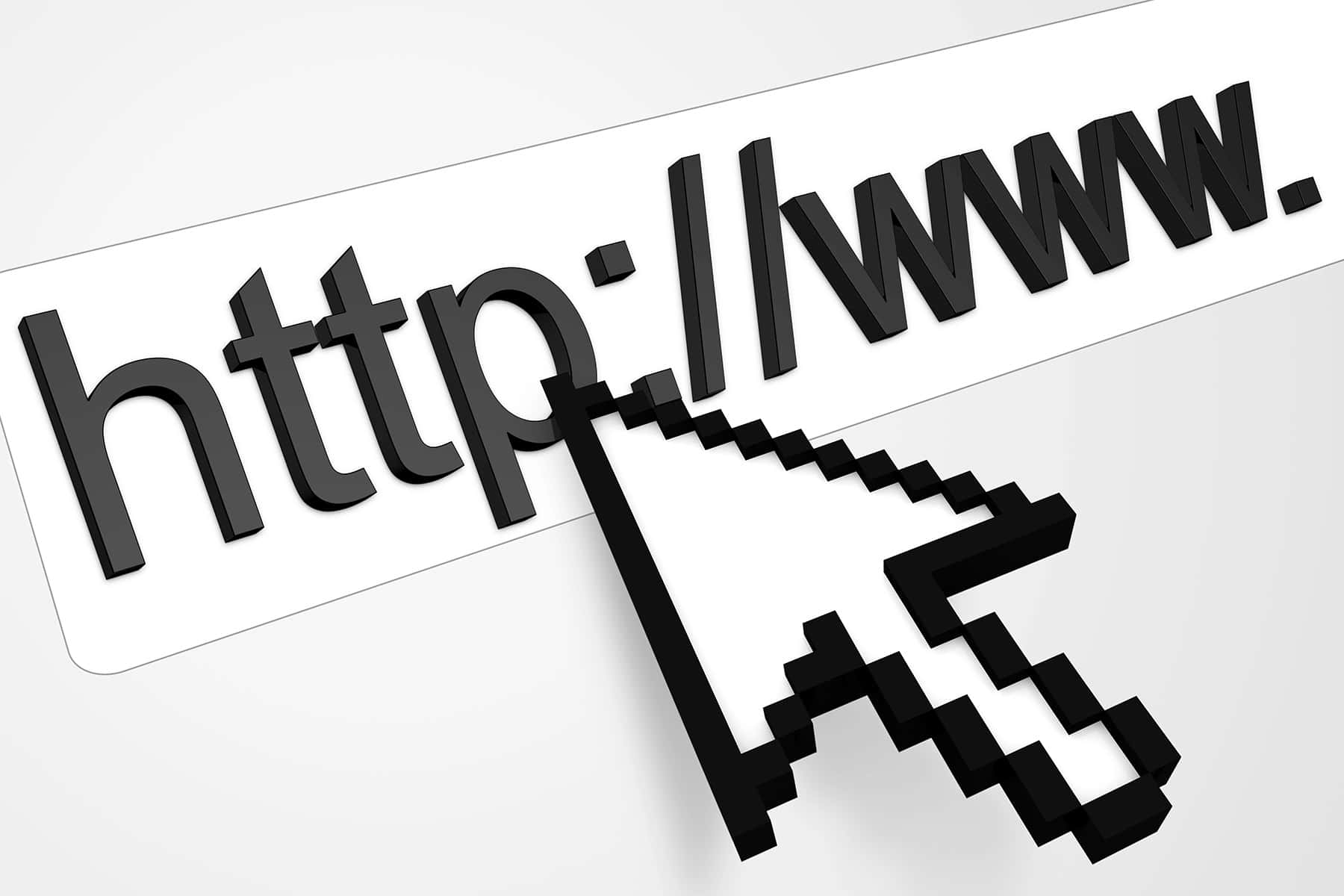 Ein großer, pixeliger Cursor zeigt auf den Text „http://www.“ in einer Webadressleiste und symbolisiert das Surfen im Internet oder den Besuch einer Website.