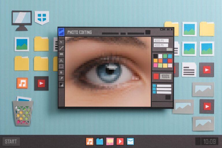 Eine digitale Illustration eines Fensters einer Bildbearbeitungssoftware mit einer Nahaufnahme eines blauen Auges, umgeben von bunten Symbolen, Ordnern und Bildern auf einem Desktop-Hintergrund.