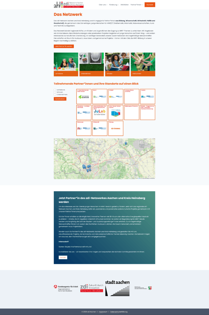 Screenshot einer Website mit dem Titel "Das Netzwerk" mit Netzwerkinformationen, Partnerlogos, einem Raster von Partnerkarten, einer interaktiven Karte mit blauen Standortmarkierungen und Kontakt- und Beitrittsinformationen in deutscher Sprache.