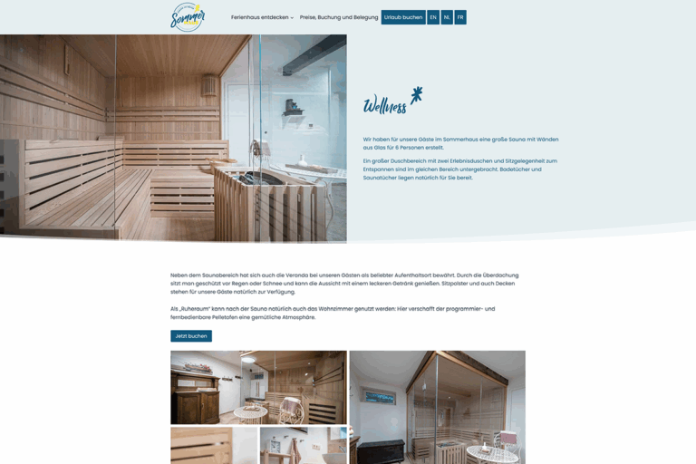 Screenshot einer Website mit einem großen Foto einer hölzernen Saunakabine oben, einem Text zum Thema Wellness in der Mitte und kleineren Bildern einer Sauna und von Wellnesseinrichtungen unten, mit sichtbaren Buchungsschaltflächen.