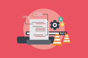 Alt-Text: Illustration von Web-Entwicklung mit Code, Gears und Baustellenzeichen.