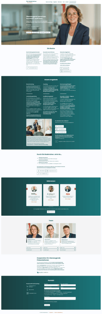 Eine professionelle deutschsprachige Website mit dem Porträt einer lächelnden Frau im oberen Bereich, Rubriken, in denen Dienstleistungen und Angebote vorgestellt werden, Fotos von Teammitgliedern mit Namen und Funktionen, Kontaktinformationen und einem Farbschema in Weiß und Grün.