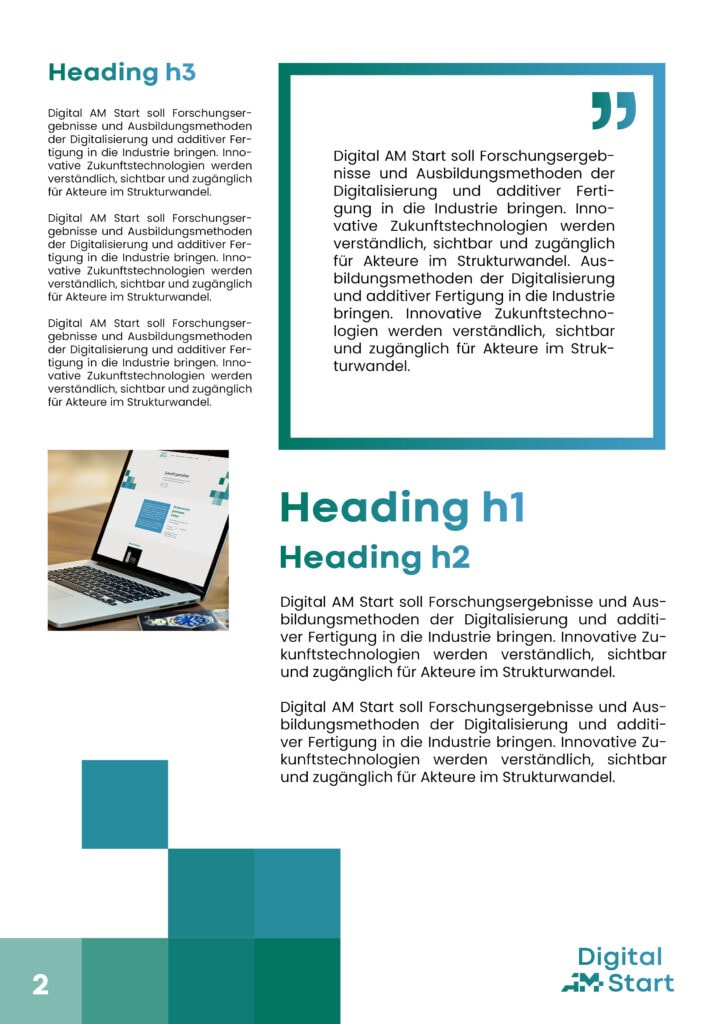 Eine Broschürenseite mit tealfarbenen Akzenten, Beispielüberschriften und Platzhaltertext auf Deutsch. Sie zeigt ein Foto einer Frau, die auf ein Tablet zeigt, und das Logo "Digital AM Start" mit einem Zahnradsymbol unten rechts.
