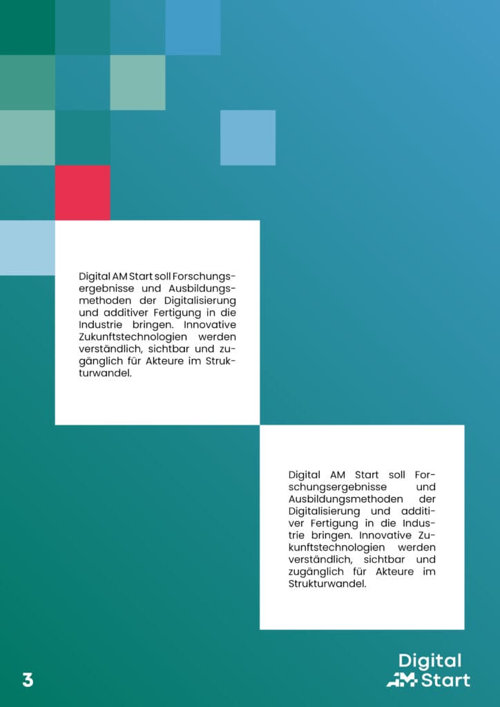 Ein Seitenlayout mit deutschen Textblöcken über Digitalisierung und additive Fertigung, mit blauen und blaugrünen geometrischen Formen, der Seitenzahl 3 und dem "Digital Start"-Logo in der unteren rechten Ecke.