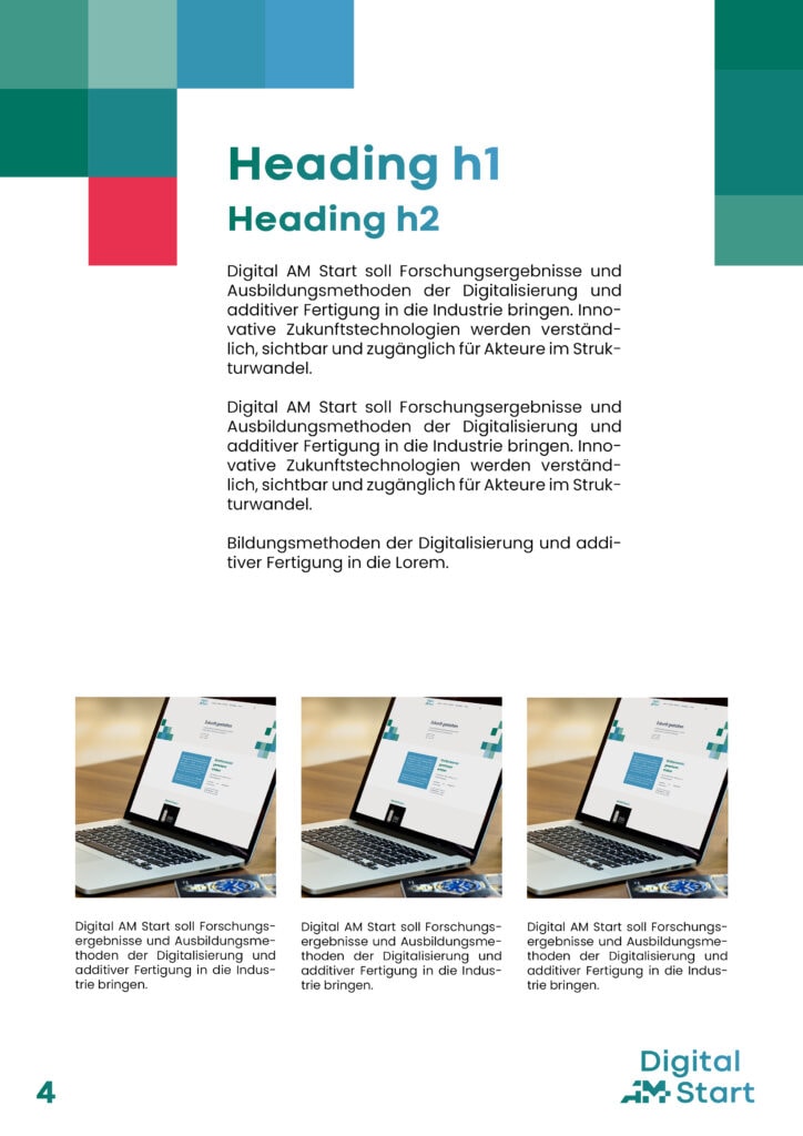 Eine Broschürenseite mit dem Titel "Überschrift h1" und dem Untertitel "Überschrift h2", mehreren Textabschnitten über Digital AM Start und drei Laptop-Bildern, die Websites zeigen. Das Logo von Digital Start erscheint unten rechts.