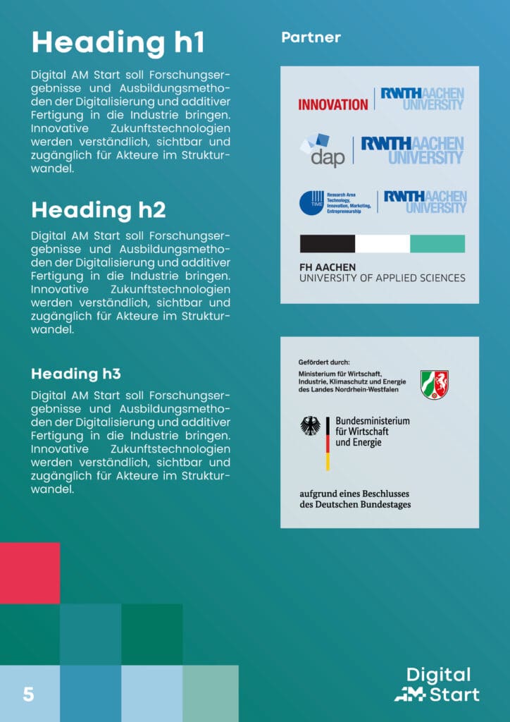 Eine Seite aus einer Broschüre mit Überschriften über digitale Technologien, Partnerlogos (einschließlich der RWTH Aachen und der FH Aachen) und Textblöcken auf einem blaugrünen Hintergrund mit geometrischen Formen. Das Logo von Digital Start am unteren Rand.