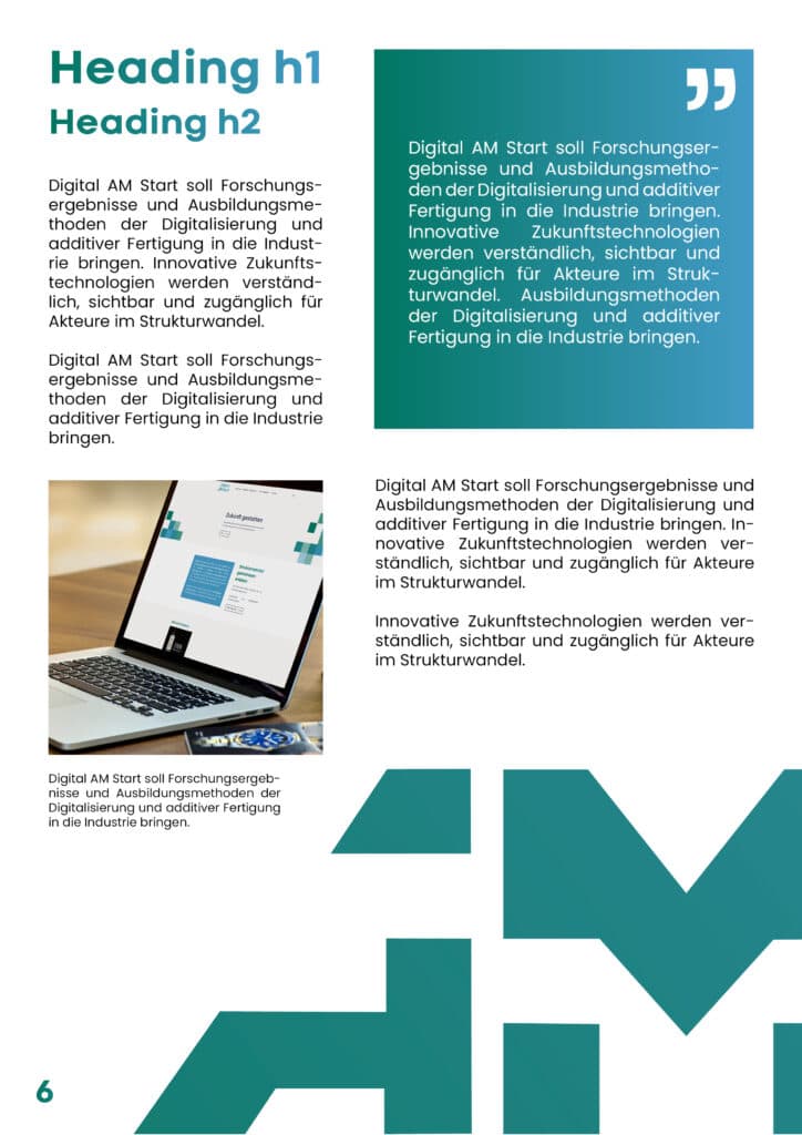 Eine Seite aus einer Broschüre mit tealfarbenen und dunkelgrünen geometrischen Formen. Sie enthält die Überschriften "Überschrift h1" und "Überschrift h2", Textabsätze und ein kleines Bild der vorherigen Seite unten rechts. Die Seitenzahl 6 erscheint unten links.
