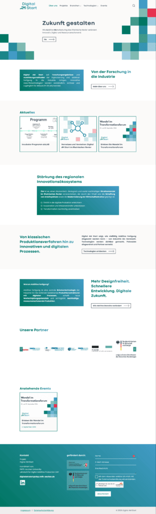 Screenshot einer deutschen Website mit Rubriken für Forschung, Zusammenarbeit mit der Industrie, aktuelle Ereignisse, Partner und bevorstehende Veranstaltungen, mit einem klaren Design mit blauen und grünen geometrischen Mustern und klaren Überschriften.