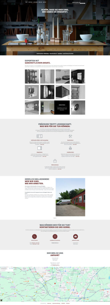 Screenshot der Website eines modernen Innenarchitekturstudios mit einem Arbeitsbereich mit Regalen, verschiedenen Projektfotos, Textabschnitten, in denen das Unternehmen vorgestellt wird, einem Foto des Studiogebäudes und einer Karte, die den Standort des Unternehmens zeigt.