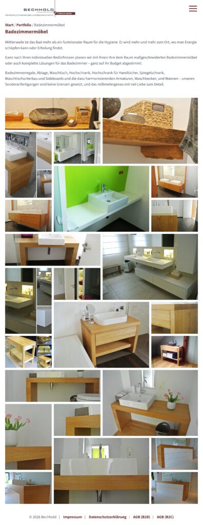 Eine Collage aus maßgefertigten Badezimmermöbeln, darunter Waschtische, Waschbecken, Spiegel und Schränke aus Holz in verschiedenen Designs, Ausführungen und Anordnungen, die in mehreren modernen Badezimmern präsentiert werden.