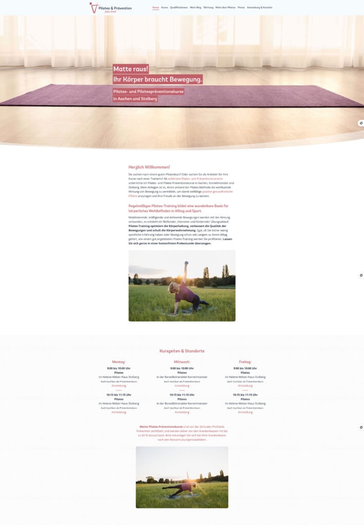 Website für ein Physiotherapie- und Präventionszentrum mit einer Kopfzeile mit einer Yogamatte, einem Willkommensgruß, einer Frau, die im Freien trainiert, Kursplänen und einem weiteren Bild einer Frau, die sich auf einer Matte in einem grasbewachsenen Park bei Sonnenuntergang dehnt.