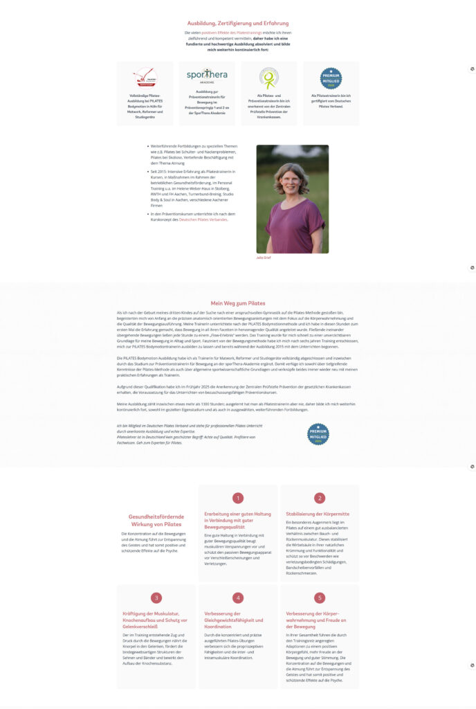 Screenshot eines Website-Bereichs mit Angaben zur Zertifizierung als Pilates-Lehrer, dem Porträt einer lächelnden Frau mit grauem Haar und mehreren Textfeldern, die den Bildungshintergrund, die Erfahrung und die gesundheitlichen Vorteile von Pilates beschreiben.
