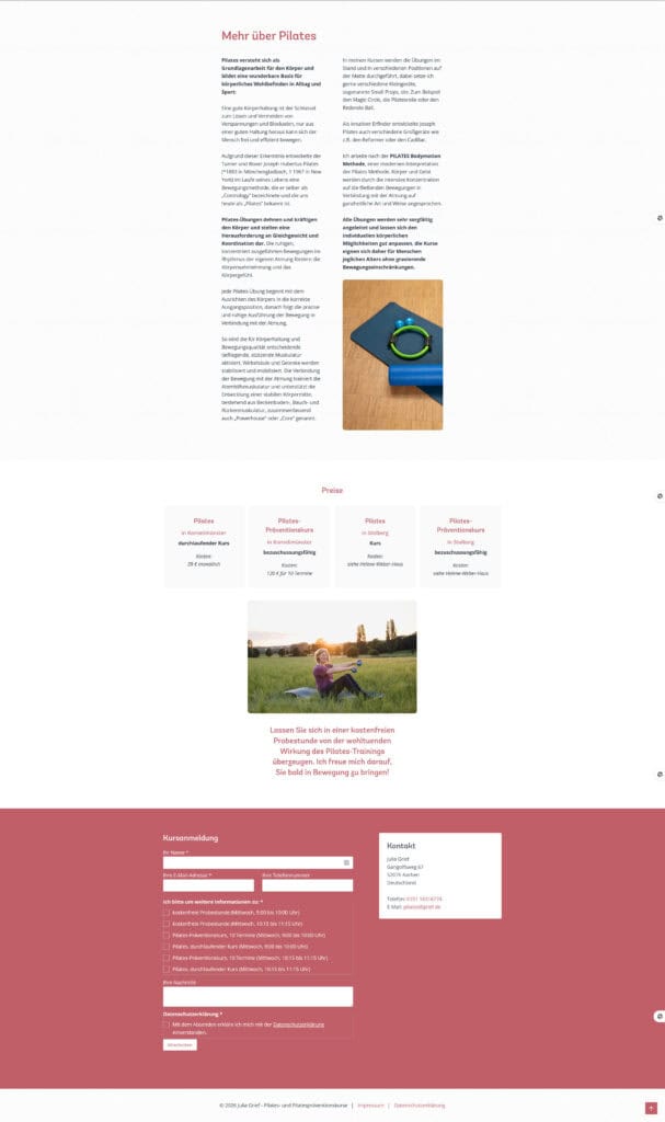 Screenshot einer Pilates-Informationsseite auf Deutsch. Die Seite enthält Text über die Vorteile von Pilates, ein Bild einer Smartwatch, eine Videovorschau und Abschnitte für die Kursanmeldung, Kontaktdaten und ein Navigationsmenü auf einem rosa-weißen Hintergrund.